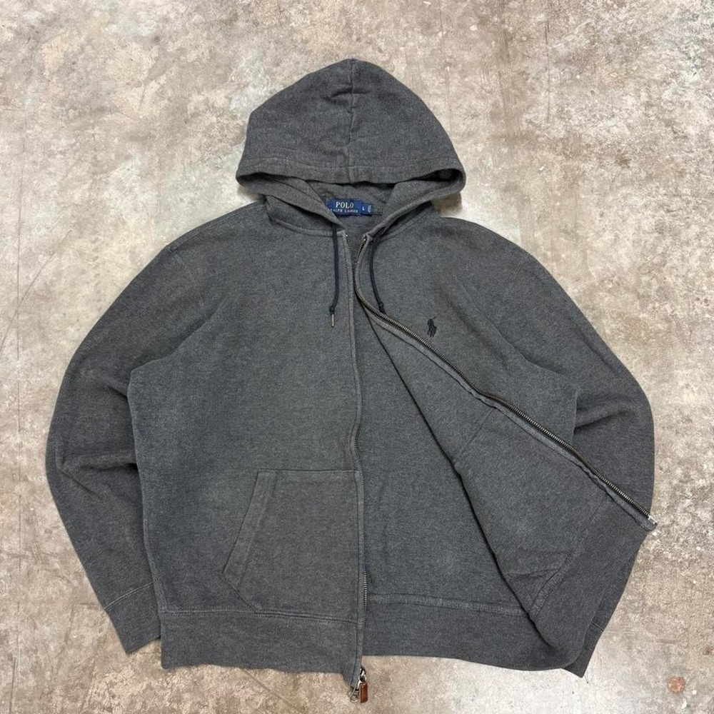 Y2K Polo Ralph Lauren Charcoal Gray Essential Full Zip Hoodie Fits XL - Picture 2 of 4